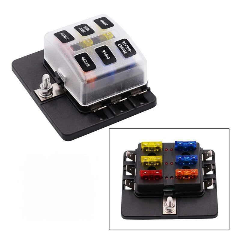 6-Way Blade Fuse Box with LED Indicator, 12–32V, 30A for Auto/Marine/RV