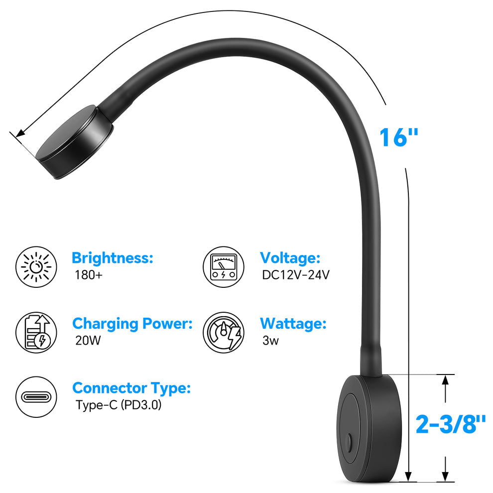 12V LED dimmable Reading Light & Type-C Charger in one. RV Boat campervan, Flexible Gooseneck