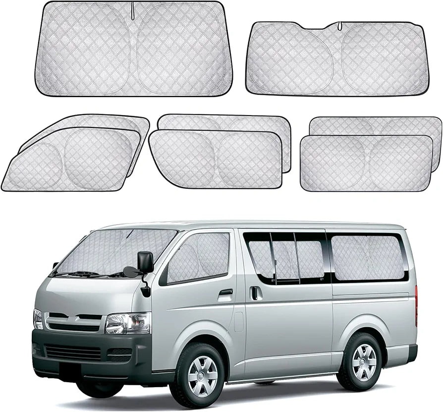 Hiace 200 Series LWB, Thermal Insulated, Standard LWB Dedicated Set of 8 Curtains, Car Sunshade, Blackout Shade, All Windows, Car Window Sunshade