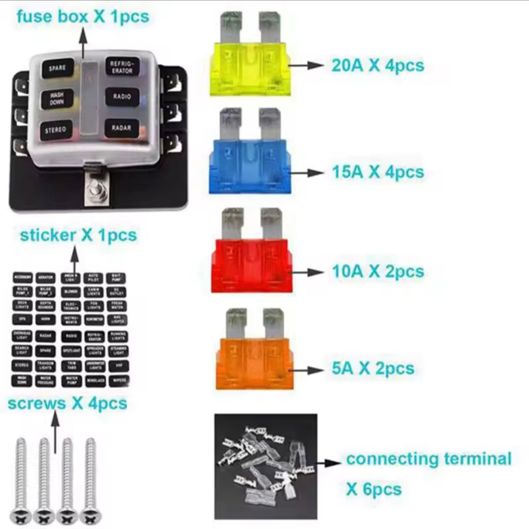 6-Way Blade Fuse Box with LED Indicator, 12–32V, 30A for Auto/Marine/RV