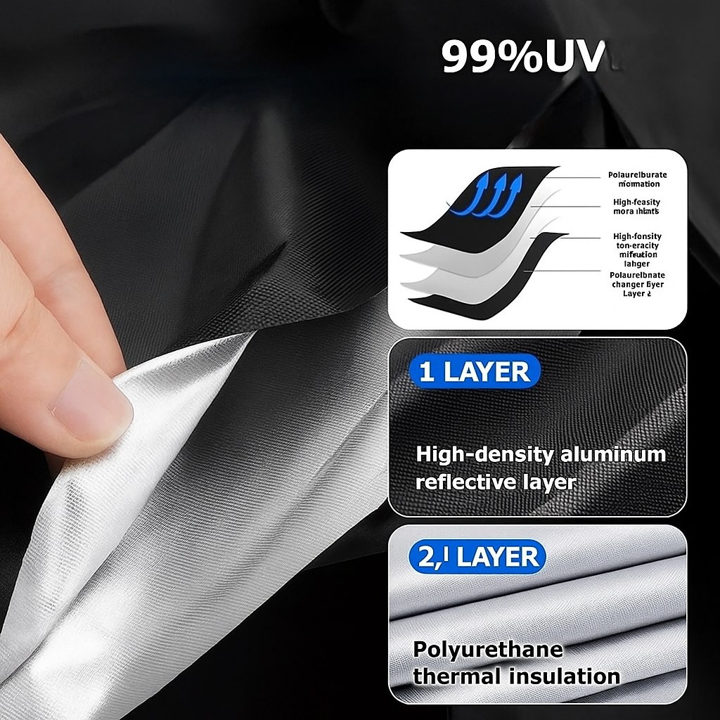 Hand holding a reflective material with technical details about UV protection and insulating layers.