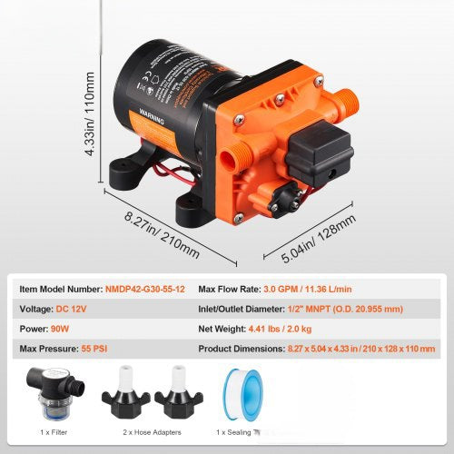 12V RV Water Pump – Adjustable Pressure, 11.36 L/min, Quiet & Reliable