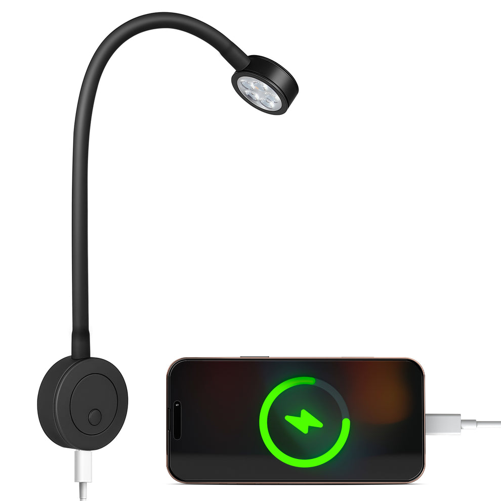 12V LED dimmable Reading Light & Type-C Charger in one. RV Boat campervan, Flexible Gooseneck
