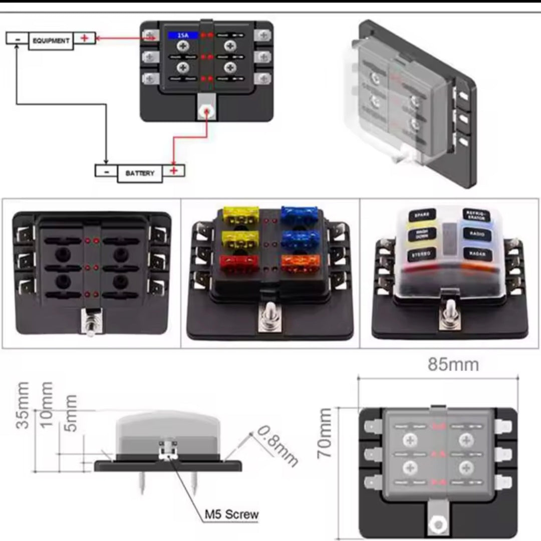 6-Way Blade Fuse Box with LED Indicator, 12–32V, 30A for Auto/Marine/RV